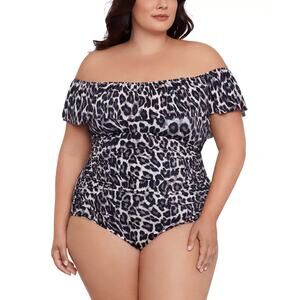Swim Solutions Plus Size Cheetah-Print Off-Shoulder One-Piece Swimsuit –Size 20W